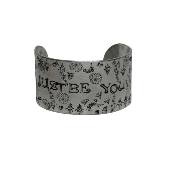 Handmade Jewelry - Handmade stamped Motivational “Just be You” floral adjustable wide Cuff Bracelet